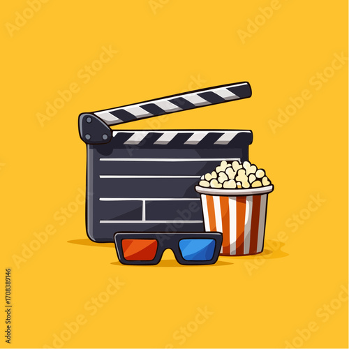 Clapperboard with popcorn and 3D glasses illustration
