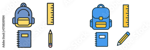 School supplies arranged neatly on a white background with backpacks, rulers, notebooks, and pencils ready for learning