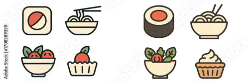 Colorful illustrations of various dishes showcasing sushi, noodles, fruits, and desserts on a simple background