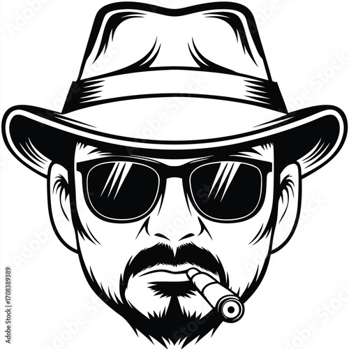 Silhouette depicts an outlined face with a fedora and sunglasses, smoking a cigar