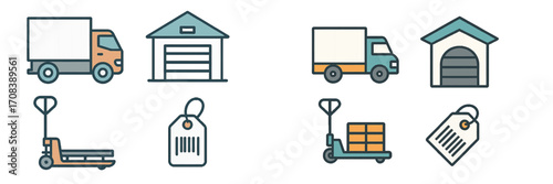 Delivery and logistics icons representing transportation, storage, and handling of goods in a warehouse environment
