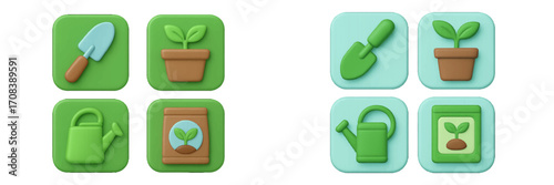 Colorful gardening icons displaying tools and plants on a light background, perfect for gardening enthusiasts and educational materials