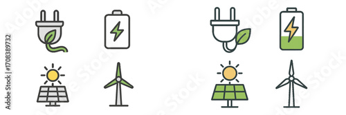 Icons representing renewable energy sources and technologies for sustainable power generation in a modern design
