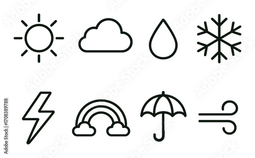Weather symbols: sun, cloud, raindrop, snowflake, lightning, rainbow, umbrella, wind icon set