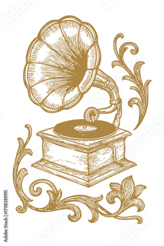 Retro Decorative Artwork of Old Vinyl Record Player and Gramophone in Vector Style with Ornamental Motifs for Heritage Inspired Wallmate Design