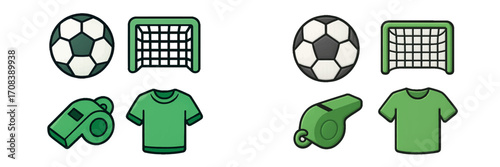 Soccer equipment and accessories illustrated in a playful style featuring balls, goalposts, jerseys, and whistles
