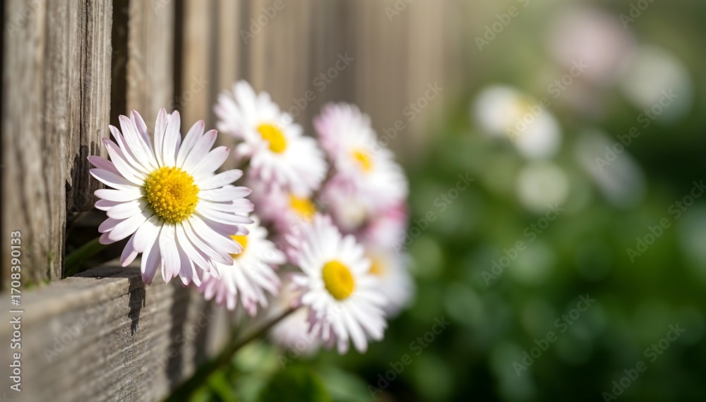 Obraz premium White Daisy Flower Near Rustic Wooden Fence in Soft Sunlight