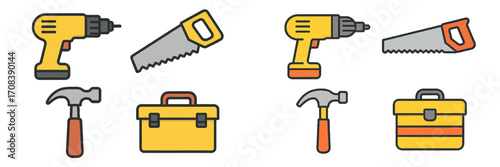 Collection of tools including drills, saws, hammers, and toolboxes for home improvement projects