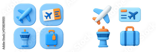 Colorful digital icons representing travel, including airplanes, luggage, and boarding passes in a modern design