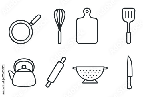 Kitchen utensils silhouette: fry pan, whisk, cutting board, spatula, kettle, rolling pin, colander, knife