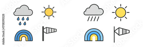 Weather symbols showing sunshine and rain with clouds and rainbows in a playful design representing changing conditions