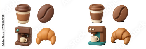 Colorful coffee and pastry themed figurines displayed creatively on a white background for art and design inspiration
