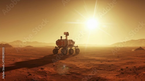 Martian rover exploring the red planet surface under a bright sun, space exploration mission footage