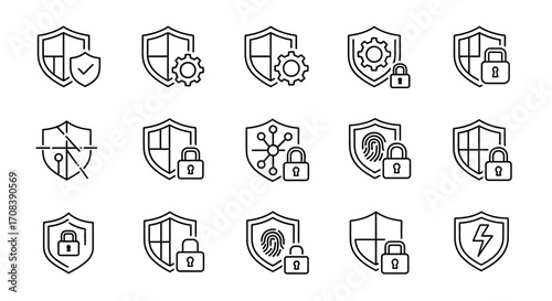 Hand drawn security shield icons collection for digital protection and cybersecurity concepts vector