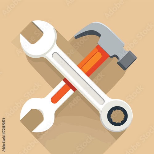 Wrench and Hammer Crossed Flat Icon.
