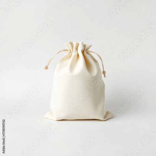 Flux Schnell plain blank drawstring pouch mockup arranged centered on minimal clean surface for display