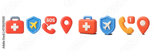 Collection of colorful emergency and travel icons with first aid kit, phone, and location markers