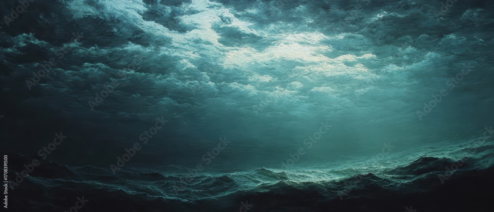 Fototapeta premium Undersea Horizon with Soft Fading Light into Dark Abyss in Realism Style - Serene Oceanic Landscape Captured Deep Below Sea Surface