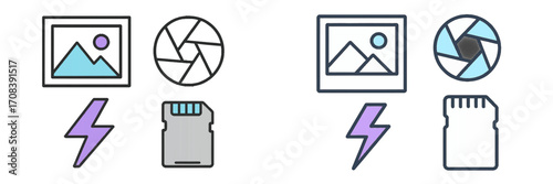 Illustration showing different camera components and photography-related icons with dramatic lightning effects