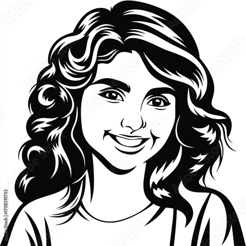 Smiling young woman with curly hair, outlined in black, displays an inviting and friendly expression
