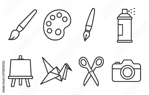 Art tools icons: paintbrush, palette, spray can, easel, origami, scissors, camera