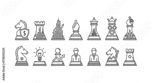 Hand drawn chess pieces outline symbols representing strategy business finance game icons vector