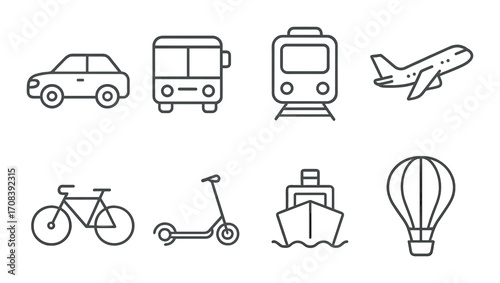 Vector icons of various transport modes including car, bus, train, airplane, bicycle, scooter, ship