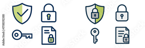 Various security icons representing protection, locks, and keys on a light background showcasing safety concepts and data security