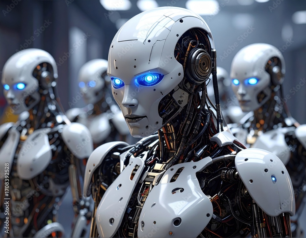 Fototapeta premium A group of humanoid robots with glowing blue eyes, showcasing advanced technology and futuristic design in a high-tech environment.