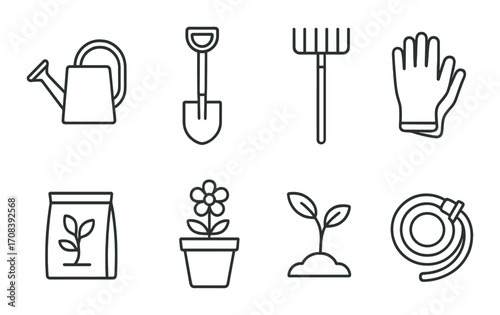 Garden tools and icons: watering can, shovel, rake, gloves, seed bag, flower pot, sprouting plant, hose