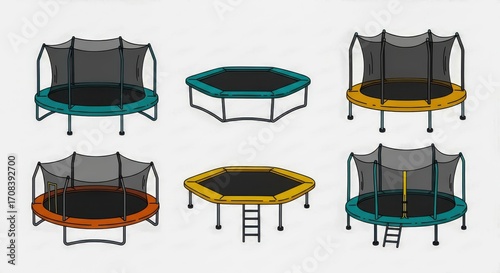 Collection of assorted trampoline illustrations featuring different shapes and colors