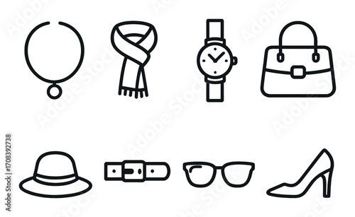 Minimalist fashion accessories icons set with necklace, scarf, watch, and handbag