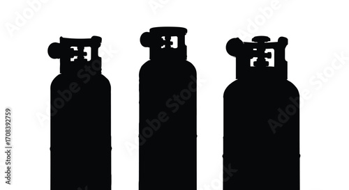 Three silhouetted gas cylinders for industrial use and safety equipment vector