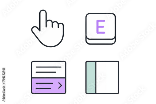 Interactive user interface elements showcasing hand cursor, letter button, and navigation controls positioned on a simple background