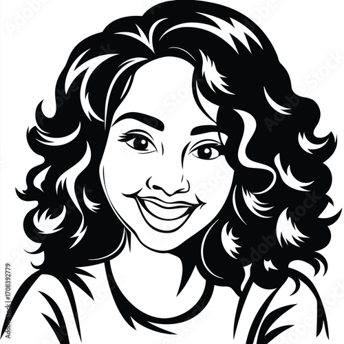 Smiling young woman with curly hair and bright eyes is drawn in monochrome