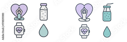 Health and wellness symbols representing mindfulness, hydration, and fitness activities for a balanced lifestyle
