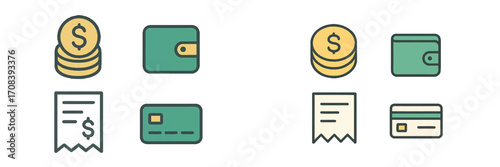 Illustrations of financial items including coins, wallets, and receipts in a minimalist style for clear representation