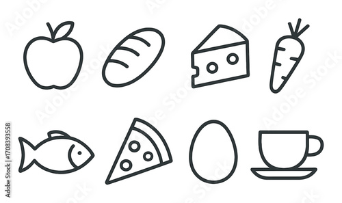 Monochrome food icons: apple, bread, cheese, carrot, fish, pizza, egg, cup
