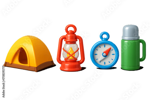 Toy camping gear set features bright colors with tent, lantern, clock, and thermos representing outdoor adventure for children