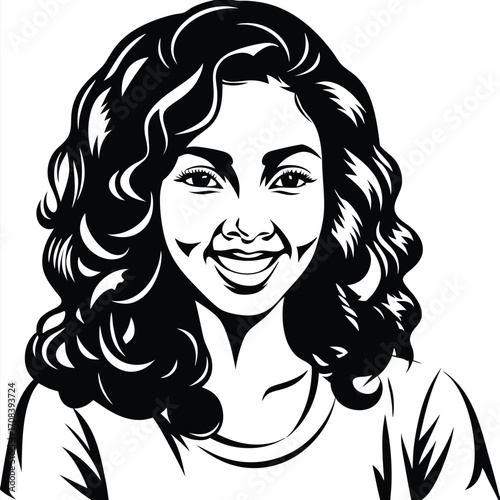 Smiling ethnic woman with curly hair looks forward in this monochrome artwork