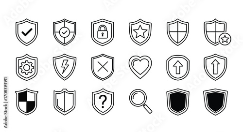 Collection of hand-drawn shield icons representing security protection and safety concepts vector