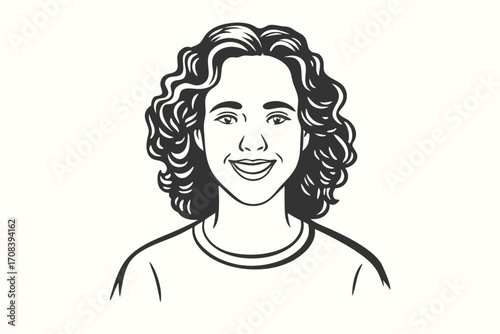 Smiling woman portrait featuring outlined facial detail and striking curly hair in black and white
