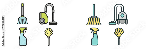 Cleaning tools displayed in a graphic layout showcasing various equipment for home organization and maintenance