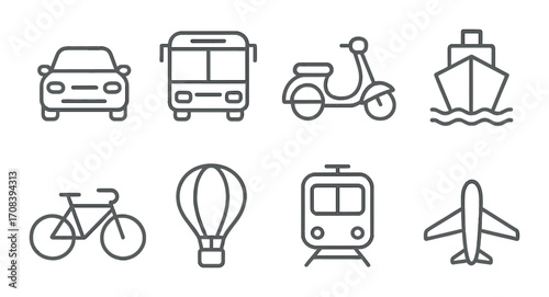 Icon set of transportation modes: car, bus, scooter, boat, bicycle, balloon, train, airplane