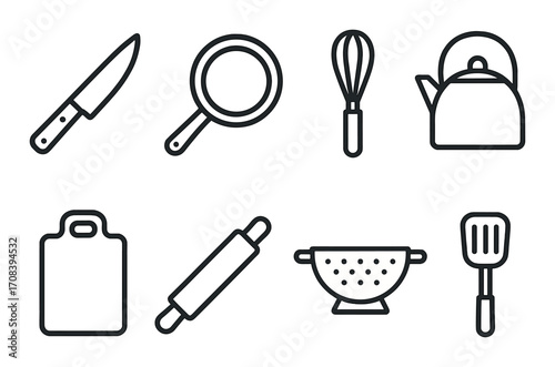 Black and white kitchen utensils illustration: knife, pan, whisk, kettle, cutting board, rolling pin, colander, spatula