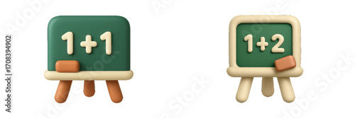 Math learning tools display two simple equations on chalkboards in a playful, colorful style for educational purposes