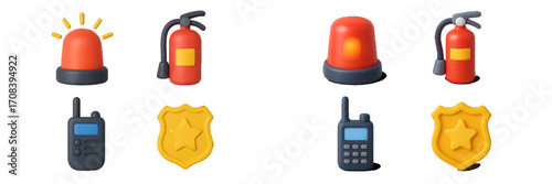 Emergency response icons featuring fire extinguishers, alarm lights, and communication devices for safety awareness campaigns