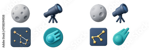 Colorful space-themed icons featuring a moon, telescopes, stars, and comets on a white background