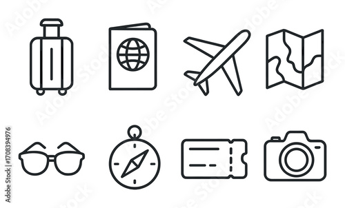 Travel essentials icons: luggage, passport, airplane, map, glasses, compass, ticket, camera