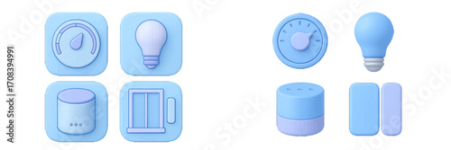 Modern blue interface design elements featuring various icons for smart home controls and settings in a digital environment